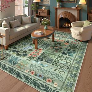 Boho Green Washable 8x10 Area Rug for Living Room, Floral Large Rugs for Bedroom Aesthetic, Non Slip Botanical Soft Indoor Throw Carpet for Dining Room Home Office Playroom (Green,8 x 10)