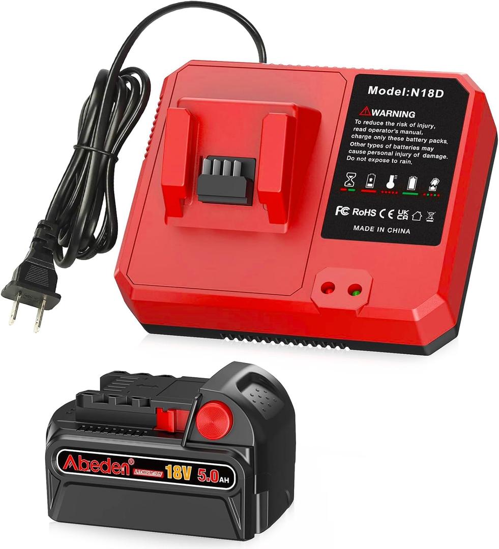 Abeden 18V 5.0Ah Battery 1Pack Replacement for Milwaukee M18 Battery and 1 Charger Set, Compatible with Milwaukee 18V Cordless Power Tools (red)