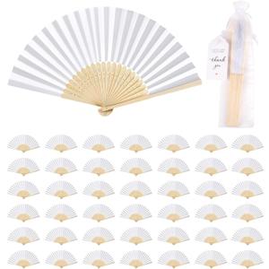110 Pack White Paper Fans Bulk Bamboo Folding Handheld Fans for Wedding Guests with Thank You Tags & Organza Bags, Party Favors for Bridal Dancing, Summer, Home Decor & DIY Supplies
