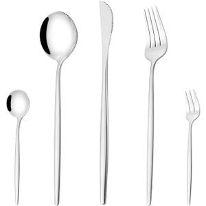 Mirror Modern Flatware Set for 4, 20-Piece Stainless Steel Silverware Set, LaienLife Unique Utensils with Long Forks Spoons and Knives Sets, Great for Home and Restaurant, Dishwasher Safe - Silver