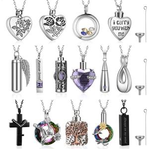 Ecation 15 Pcs Urn Necklace for Ashes Women Keepsake Cremation Jewelry Stainless Steel Cross Heart Cubic Locket Ashes Necklace for Human Loved One