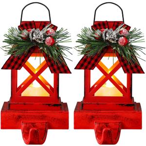 Therwen 2 Pcs Christmas Stocking Holders Lantern Christmas Stocking Hangers for Mantel Xmas Hooks Decorative Retro Light up Holders for Home Indoor Outdoor Decor(Classic,Red)