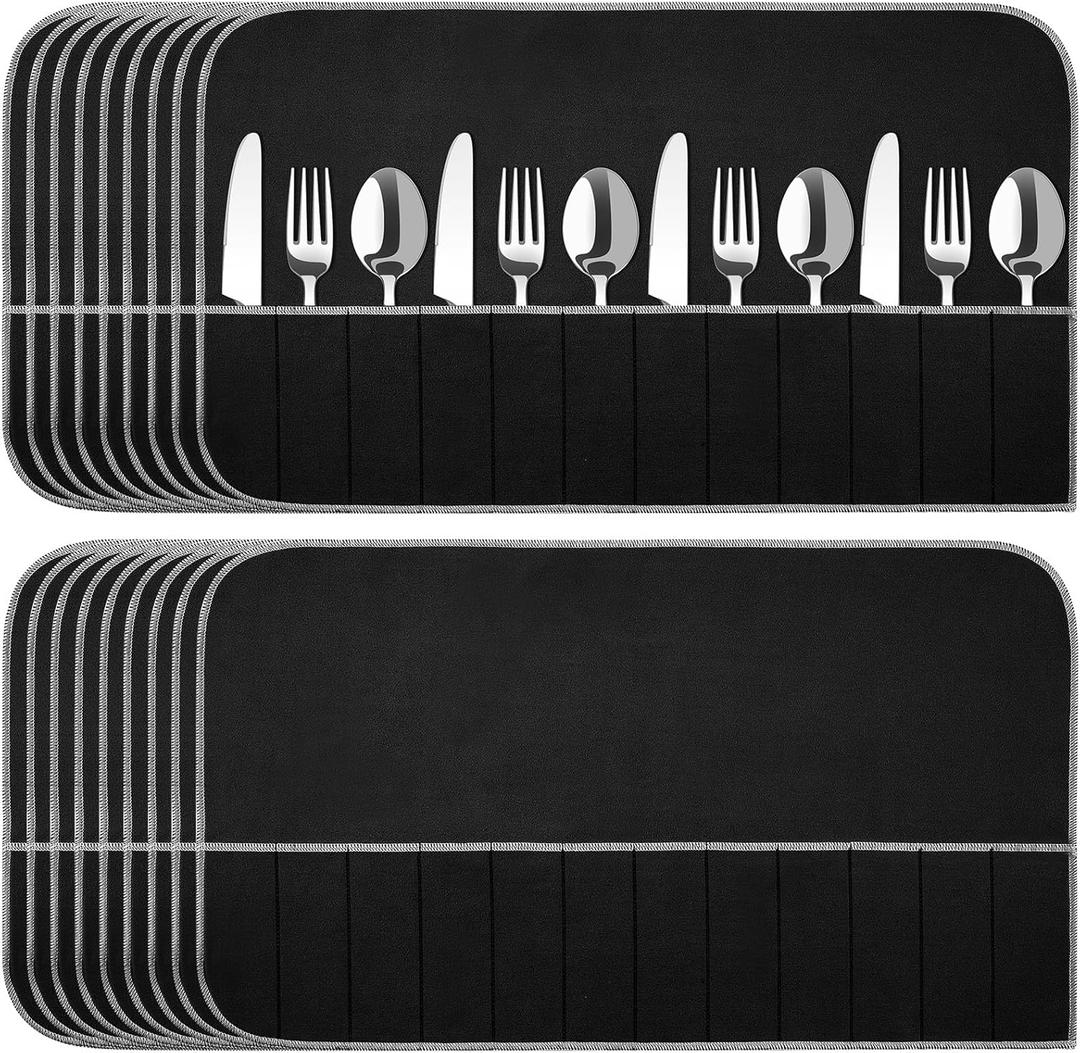 Hillban 18 Pcs Anti Tarnish Silver Storage Bags Silver Storage Cloth Felt Flatware Organizer Anti Tarnish Protector Bags Place Setting Roll with White Ribbon for Kitchen Cutlery (12 Slots,Black)