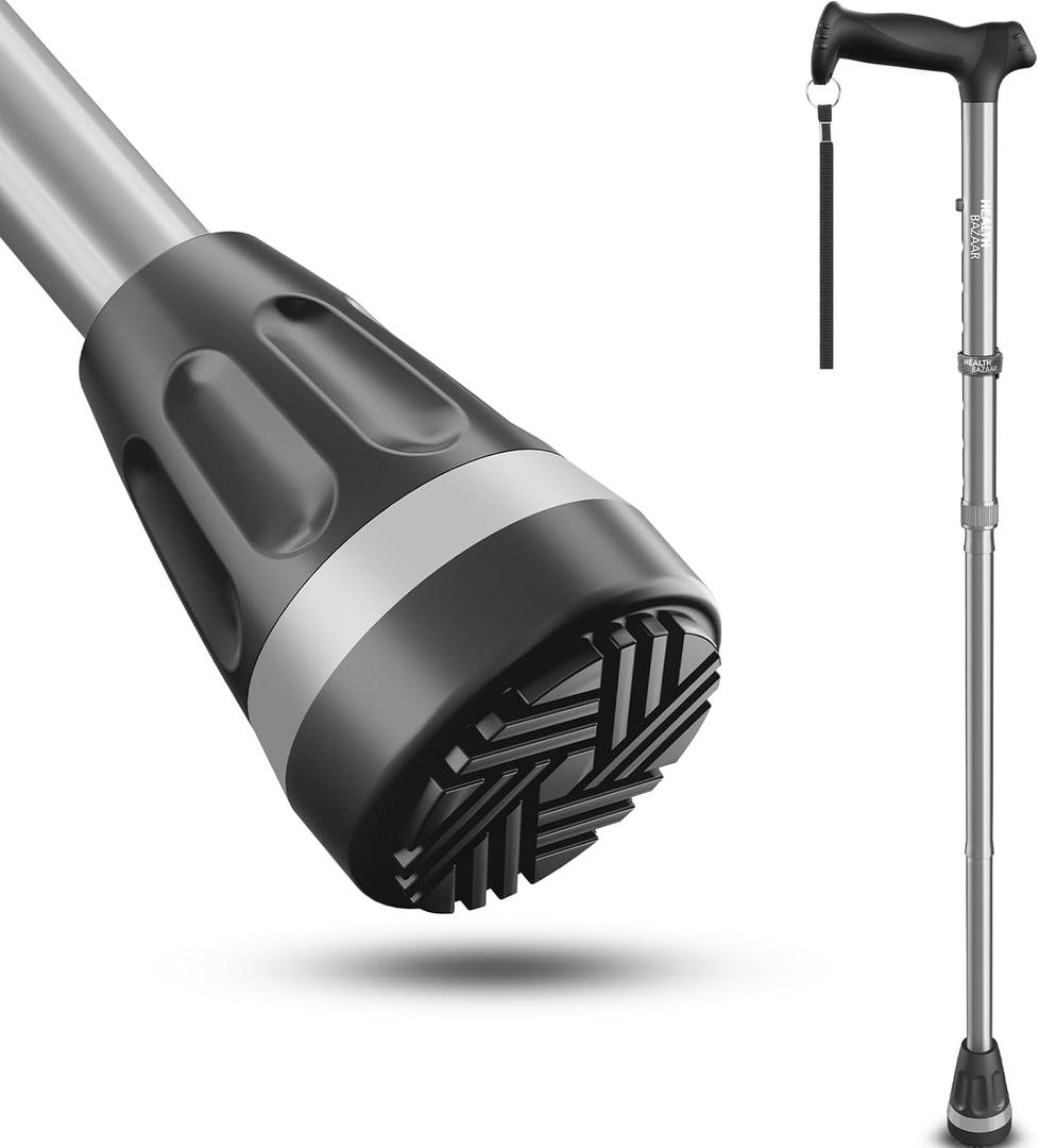 All Terrain Walking Cane for Men & Women, Lightweight, Foldable, Adjustable, Shock Absorption, Collapsible Walking Stick for Seniors & Adults | HealthBazaar (Sliver)