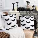 Set of 2 Halloween Pillow Covers 18 x 18 Inch Black Bat Embroidered Throw Pillow Case Fluffy Plush Cushion Cover Neutral Halloween Decorations for Home Indoor Sofa Couch Bedroom Living Room