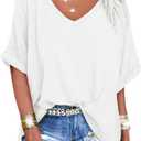 Langwyqu Women's Oversized T Shirts V Neck Short Sleeve Summer Casual Loose Tops Tees