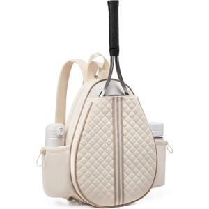 Sucipi Tennis Bag, Quilted Tennis Sling Crossbody Backpack, Water Resistant Tennis Racket Bags for Women Men, Suitable for Pickleball Tennis Badminton (Medium, Beige)