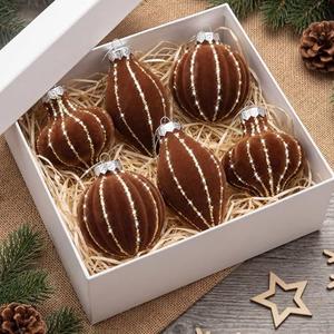 Jenaai 6 Pcs Velvet Glitter Christmas Tree Ornaments Set 3.15 Inch 3 Style Flocked Christmas Balls Ornaments Xmas Balls Decoration for Xmas Tree Decorative Party Wedding(Dark Brown)