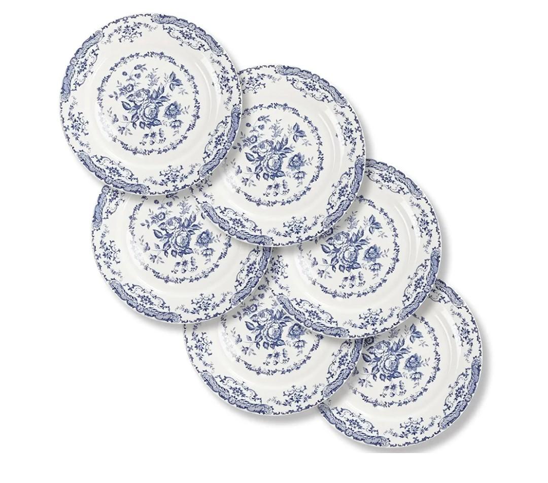 Dinner Plates, Ceramic Plates Set of 6, Kitchen Plates Microwave Safe, White Plate Dessert Blue Floral Plate Porcelain (Blue Rose, 10.5 inch)