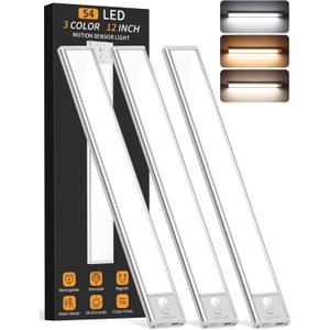 Under Cabinet Lighting Wireless, 54 LED Motion Sensor Light Indoor, 3 Color Dimmable Closet Lights Battery Operated, Rechargeable Magnetic Light, Under Counter Lights for Kitchen, Stairs, Home (3Pack)