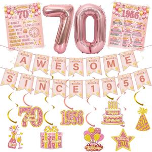70th Birthday Decorations Women Balloons - 14 Pcs Rose Gold Awesome Since 1956 Banner Number Foil Balloon Hanging Swirls Vintage Poster For 70 Year Old Party Supplies
