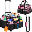 Large Rolling Cleaning Caddy Bag with Detachable Trolley,Cleaning Cart on Wheels with Shoulder Strap,Cleaning Supplies Organizer for Housekeepers,PInk