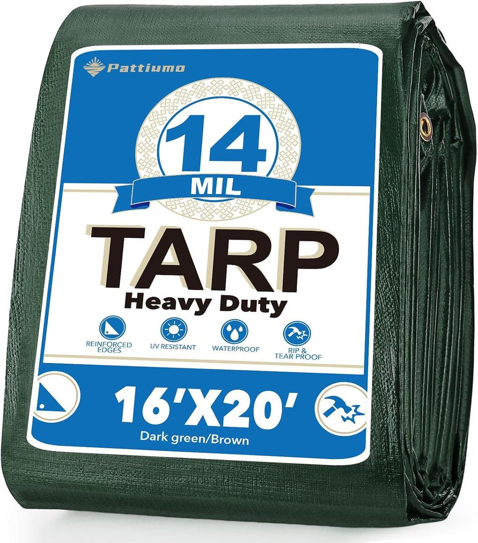 Pattiumo Tarp Waterproof 16 X 20 FT 14 Mil Heavy Duty Tarp Multipurpose Tarps Heavy Duty Waterproof Protective Cover UV All Weather Resistant for Shelter Camping, Green/Brown
