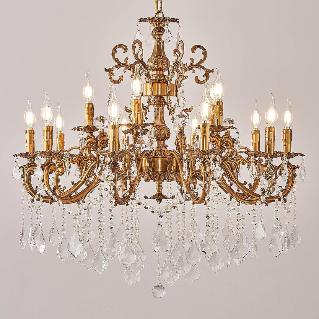Vintage 10 Arms Crystal Chandelier Candle Light Fixture for Dining Room Living Room Bedroom Hallway Entryway Antique Gold Finish (34"-15 Lights)
