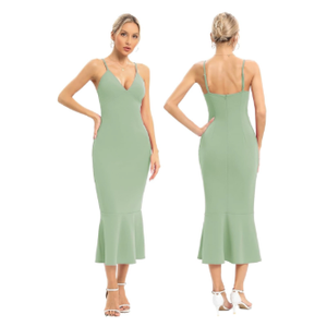 JLCNCUE Women's Spaghetti Straps V Neck Bodycon Mermaid Dress Elegant Ruffles Midi Dress Cocktail Evening Party Dress 325, Medium