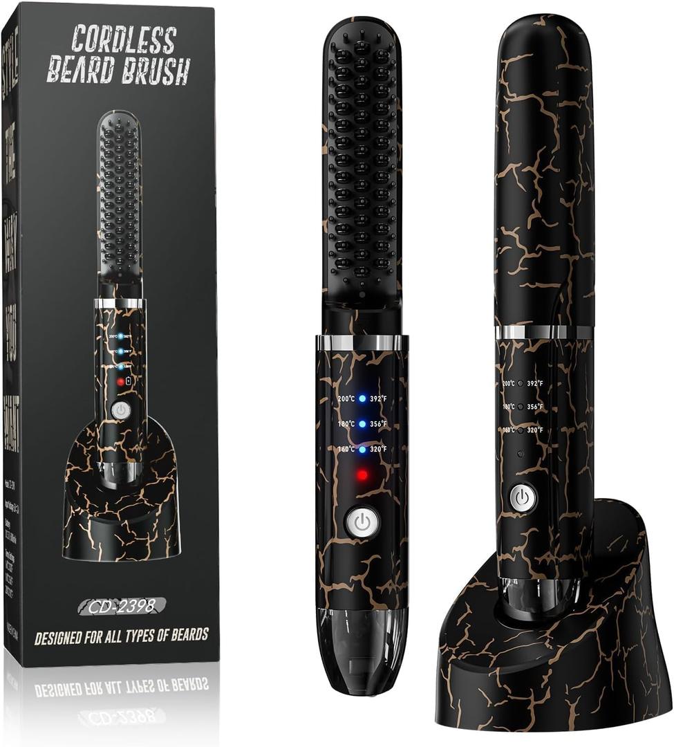 Beard Straightener for Men, Cordless Heated Beard Brush, Portable Beard Hot Combs, Ionic Mini Hair Straightener with 3 Temp Settings, Coarse Curly Hair Brush, Grooming Kit for Men