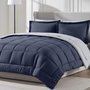 Nestl Queen Comforter Set 7 Piece - Reversible Comforters Queen Size Navy, Bed in a Bag Queen All Season, Queen Size Comforter Sets Bedding with Flat Sheet and Fitted Sheet, Pillowcases and Shams