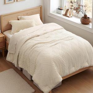 Zzlpp Twin Comforter Set 5 Pieces, Cream Tufted Bed in a Bag with Comforter and Pillowcase, All Season Boho Bedding Sets with 1 Comforter, 1 Pillow Sham, 1 Flat Sheet, 1 Fitted Sheet