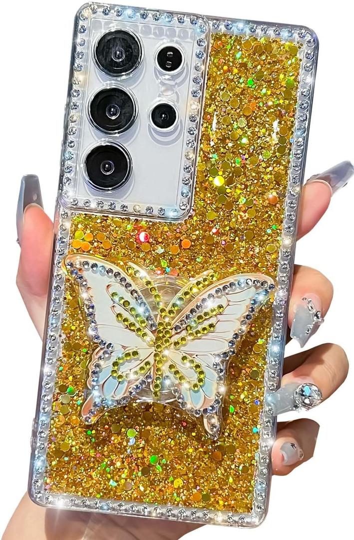 Cute Compatible with Samsung Galaxy S23 Ultra 6.8 inch Girly Case, Bling Glitter Diamond Butterfly Kickstand Case, Soft Silicone Cases for Women(Gold)