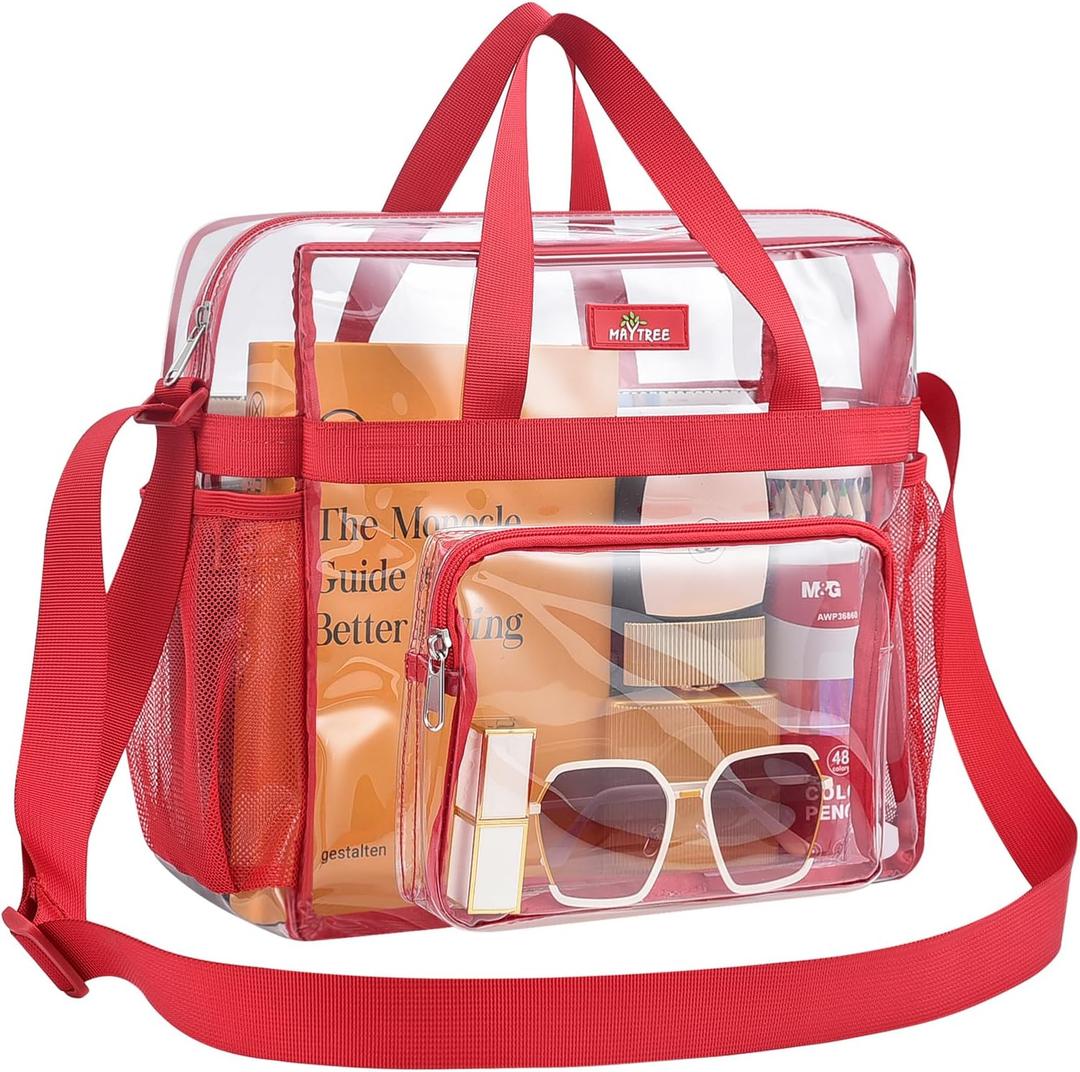 MAY TREE Clear Bag for Stadium Events 12612 Clear Tote Lunch Bag with Reinforced Straps for Work and Sporting Events, Red