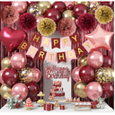 Burgundy Birthday Decorations for Women Girls, Wine Red Rose Gold Balloons Maroon Burgundy Gold Happy Birthdays Balloon Banner Pompoms Curtains for Women Girls Adults Birthday Party Decorations