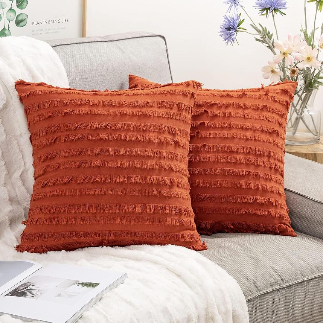 MIULEE Set of 2 Fall Decorative Boho Throw Pillow Covers Linen Striped Jacquard Pattern Cushion Covers for Sofa Couch Living Room Bedroom 20x20 Inch Burnt Orange