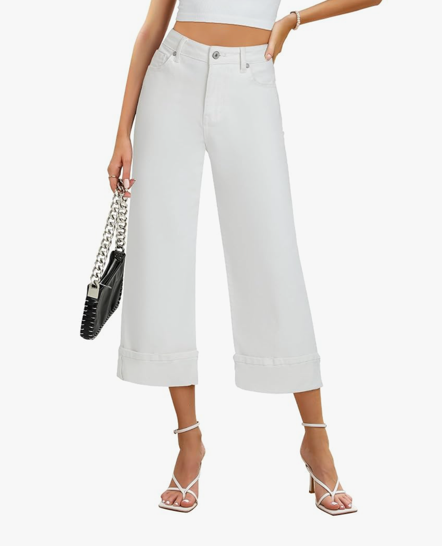 Wide Leg Jeans for Women High Waisted Stretchy Denim Crop Pants Fold Hem Cropped Baggy Jeans with Pockets L