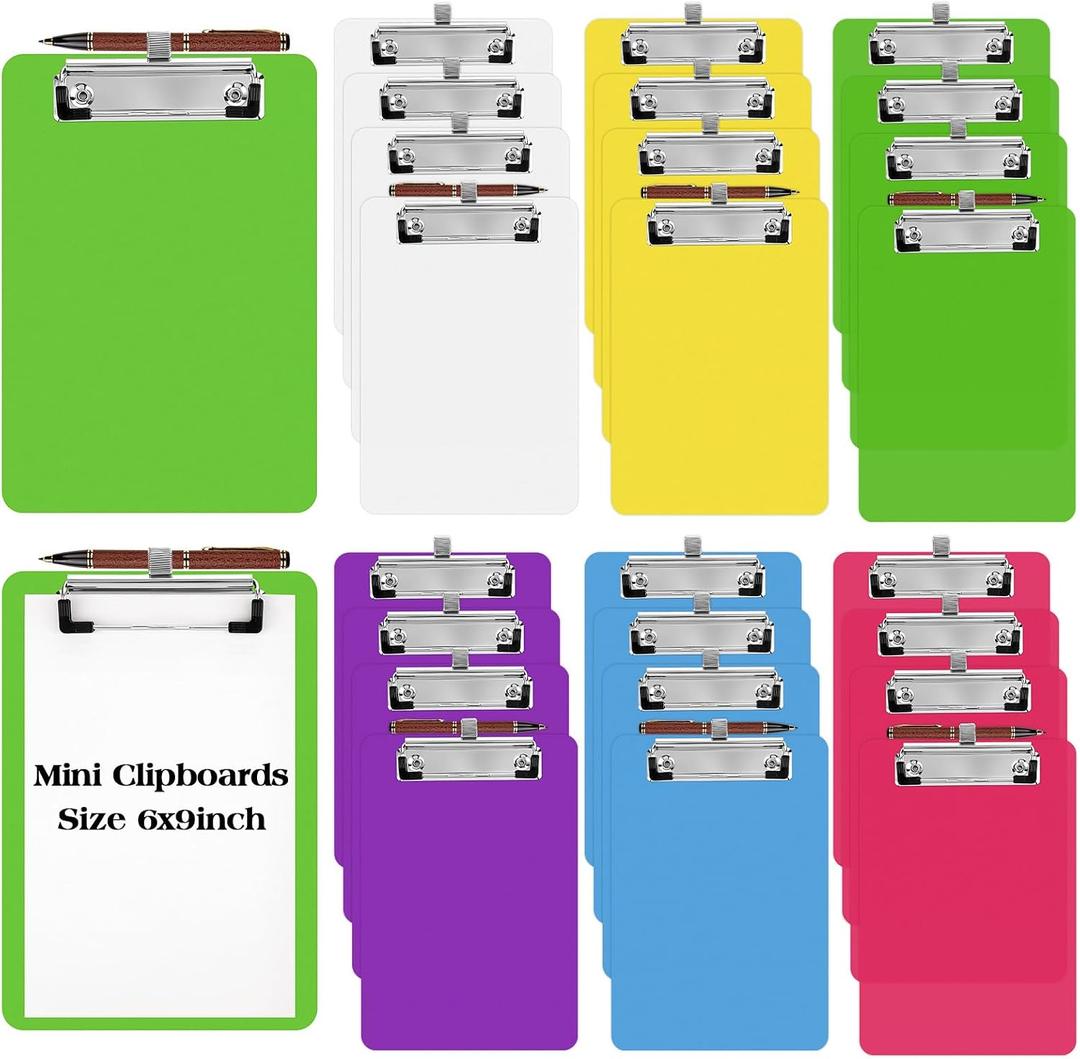 Qilery 12 Pcs Small Clipboards 6x9 with Pen Holder A5 Memo Clip Boards Plastic Colorful Mini Clipboard Bulk for Office Restaurant Cafe Hotel Shopping List, Pen Not Included