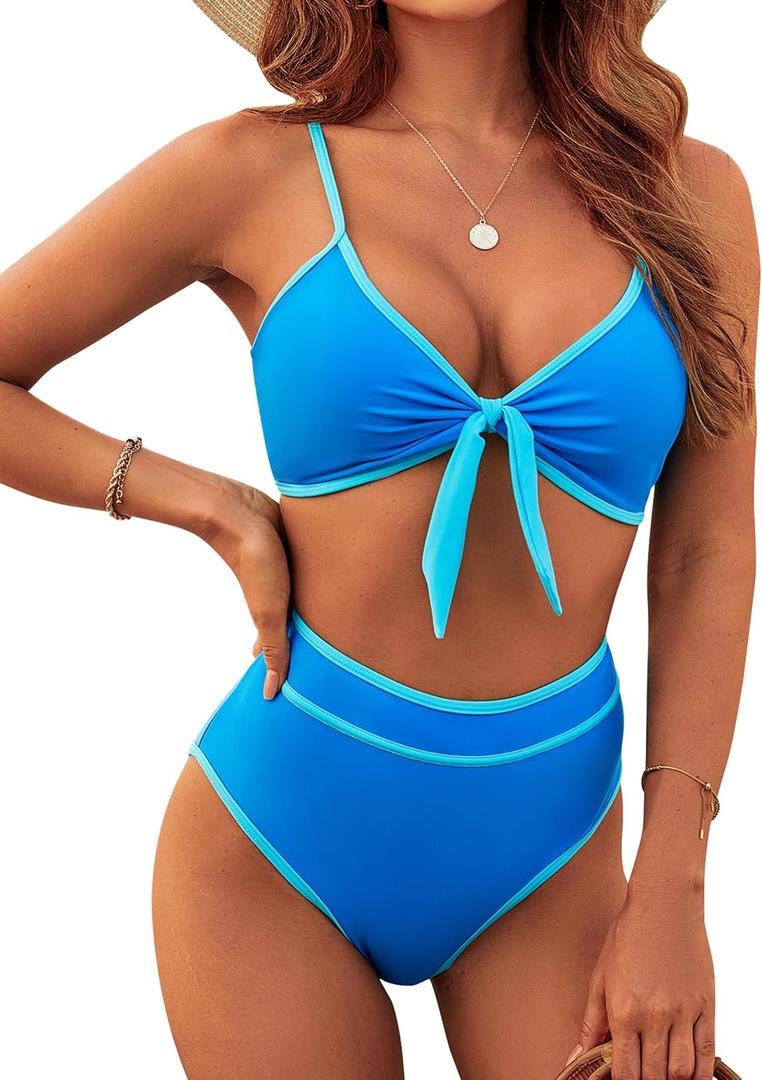 Blooming Jelly Womens High Waisted Bikini Set Tie Knot High Rise Two Piece Swimsuits Bathing Suits (Blue, L)