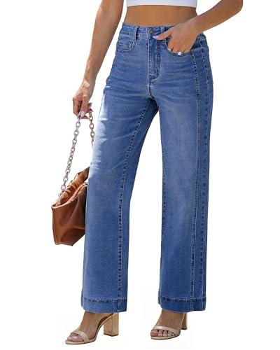luvamia Wide Leg Jeans for Women Trendy High Waisted Double Side Seams Stretchy Denim Pants Trouser Jeans with Pockets Classic Blue Size Large Fits US Size 12-14