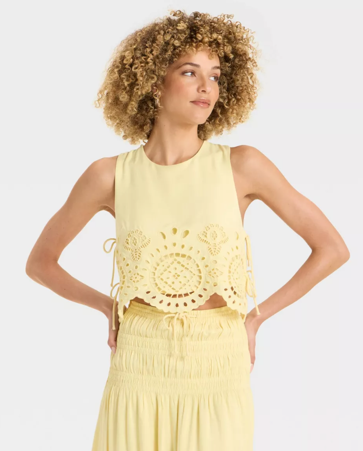 Future Collective Side Tie Going Out Tops for Women Y2k Sleeveless Round Neck Lace Tank Flower Cropped Vest Summer Eyelet Shirt Top L