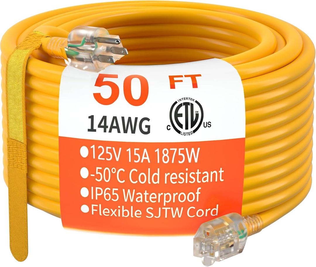 HUANCHAIN 50 ft 14/3 Gauge Heavy Duty Outdoor Extension Cord Waterproof with Lighted, Flexible Cold Weather 3 Prong Electric Cord Outside, 15A 1875W 125V 14AWG SJTW, Yellow, ETL Listed