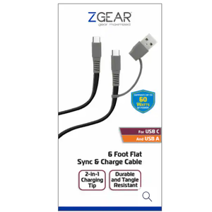 ZGear 6 Foot Flat Sync & Charge Cable For USB C To USB A