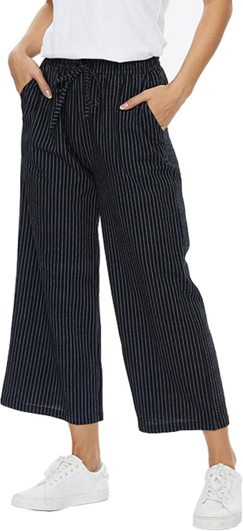 Womens Linen Pants Wide Leg High Waisted Drawstring Casual Flowy Pants with Pockets (Large, Striped-navy)
