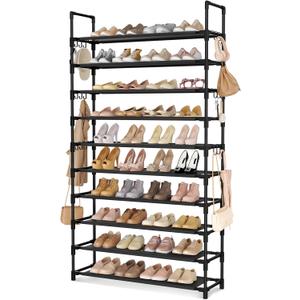 LANTEFUL Tall Shoe Rack 10 Tier Shoe Organizer Large Shoe Shelf with 18 Hooks Storage for 50 Pair, Stackable Vertical Shoe Rack Organizer for Closet, Entryway, Bedroom (10 Tier-68" High-34" Wide, Black)