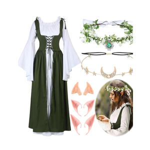 Bonuci Renaissance Fairy Costume Women Medieval Dress with Elf Ears Moon Head Chain Flower Crown for 1700s Victorian Cosplay, 2XL-3XL
