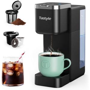 Tastyle Single Serve Coffee Maker, Iced and Hot Coffee Machine for K Cup & Grounds, Compact Design, 40oz Removable Water Reservoir, 6 to 24 Oz Brew Sizes, Fits 7.3" Travel Mug, Black