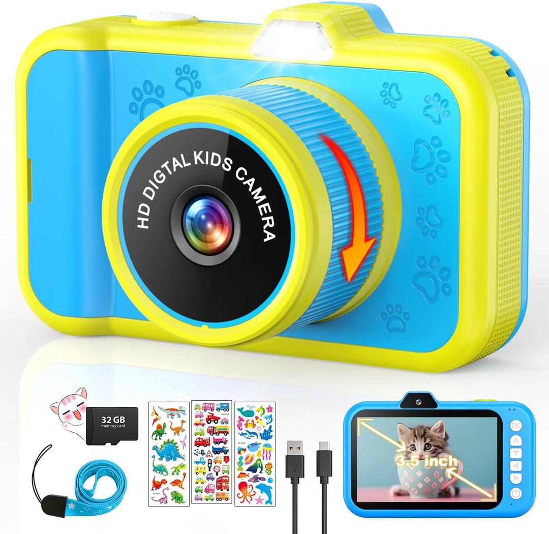 Kids Camera with Rotating Zoom Lens, 3.5 Large Screen, 1080P Kids Digital Camera with Flash,Selfie, 32GB Card, Toddler Toy Camera Christmas Birthday Gifts for Boys Girls 3-12 Years Old-Blue