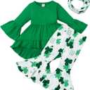 Noubeau Toddler Baby Girl St.Patrick's Day Outfits Ruffle Top Long Sleeve Dress Clover Print Flared Pants+Scarf 3Pcs Clothes (2-3T)