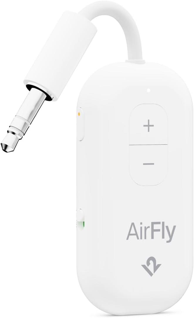 AirFly Pro 2  Bluetooth Adapter for Airplane, Pair 2 AirPods or Wireless Headphones  3.5mm AUX Bluetooth Transmitter and Receiver for Cars, Boats, Treadmills, TVs & More  Airplane Travel Essentials (White)