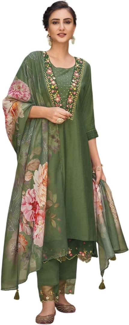 women Anarkali Suit Alia cut kurti pant and Dupatta 3pc set salwar suit (Small, Mehndi Green)