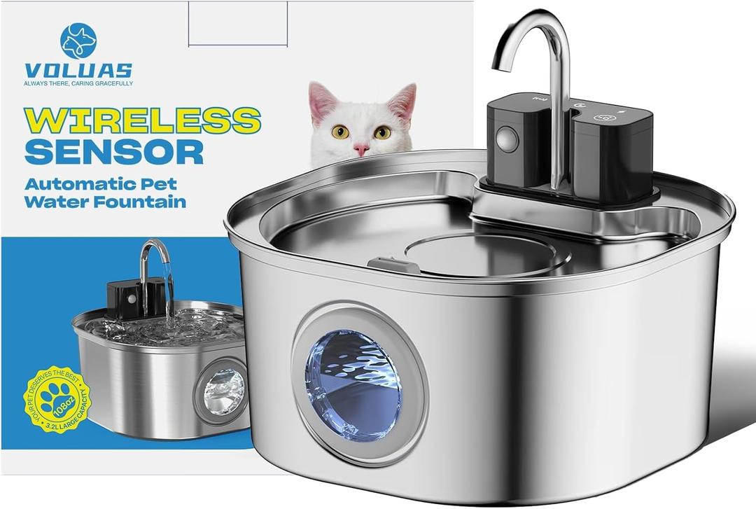 Voluas Stainless Steel Cat Water Fountain-Wireless Pet Water Fountain Battery Operated,108oz/3.2L, Automatic Water Dispenser for Dogs with Quiet Pump,Easy Clean BPA-Free for Cats, Dogs, Multiple Pets