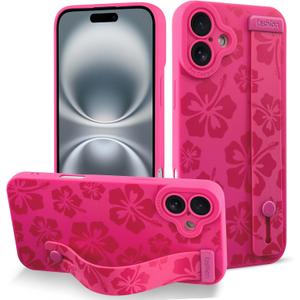 Fiyart Designed for iPhone 16 Case Cute Flowers with Strap Soft TPU Phone Cover Protective Camera Lens Protection for Women Men Floral Bumper with Stand 6.1"-Rose Red