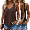 Huukeay 3 Pack Women's Tank Tops V Neck Racerback Tops Loose Fit Summer Casual Sleeveless Tee Workout Yoga Athletic Shirts (Large, Black, White, Dark Brown)