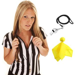 3 Pcs Women's Official Black & White Stripe Referee Shirt Zipper Collared V-Neck Referee Jersey ,Ref Whistle ,Yellow Penalty Flag for Basketball Football Soccer Refs Christmas Waitresses & Costume Size S