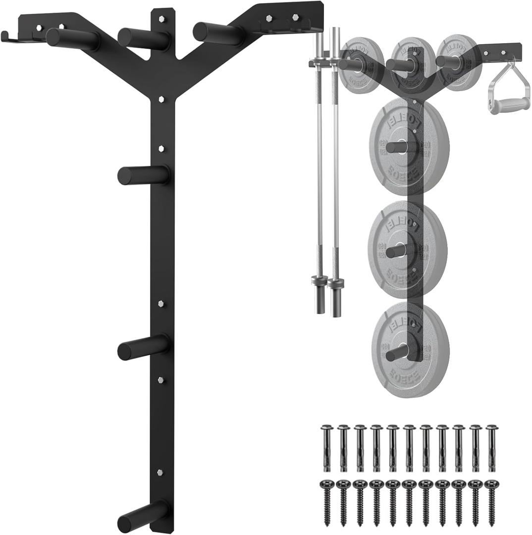 Wall Mounted Weight Plate Rack, 6 Pegs & 4 Barbell Storage Rack, 1190 LBS Capacity Weight Plate Holder, Wall Mounted Bumper Plate Storage for Home Garage Gym, Fit 2" Olympic, Rubber Protection Pads