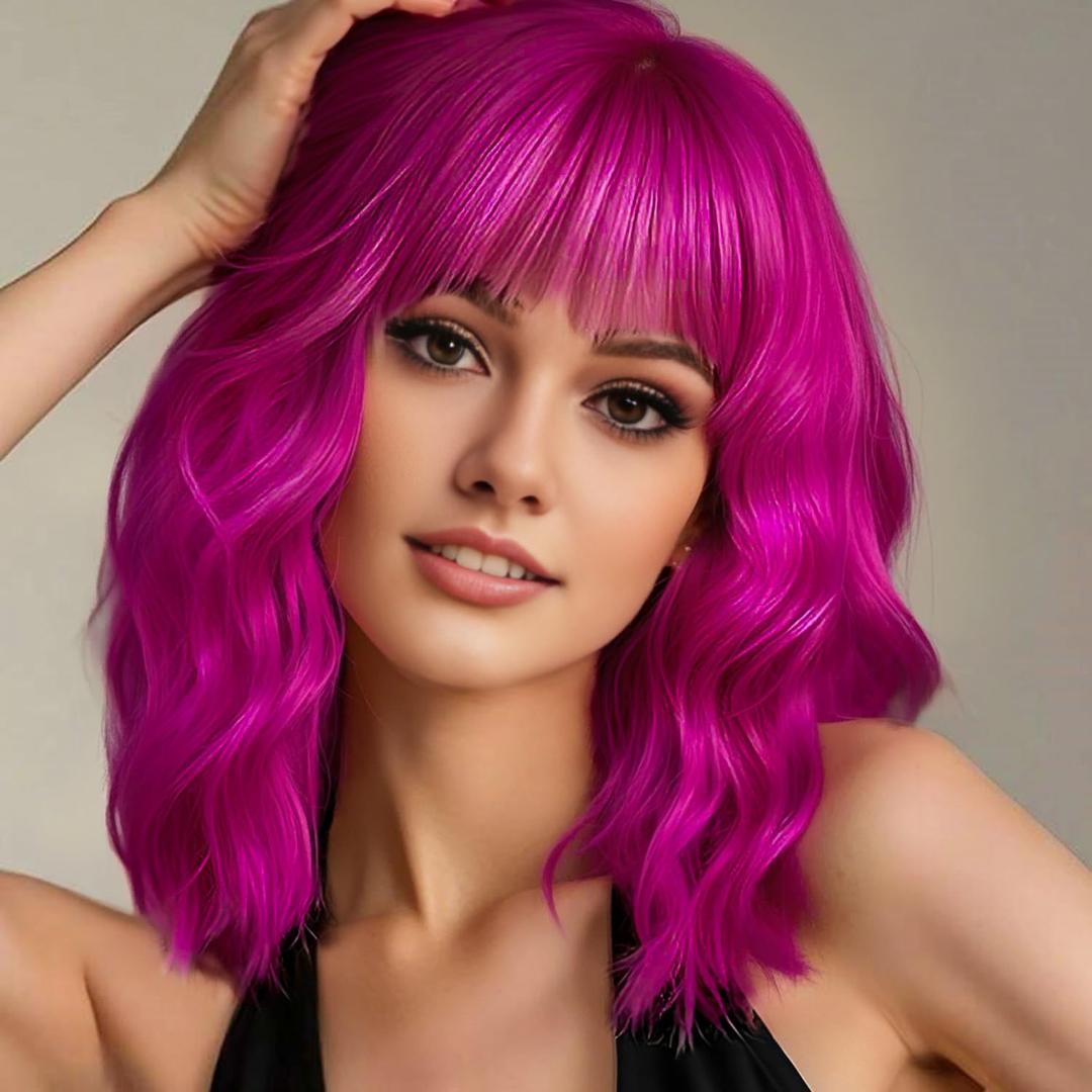 AGO Rose Purple Wavy Wigs with Bangs Pastel Bob Wig Shoulder Length Synthetic Hair for Girl Heat Resistant Fiber Wig for Daily Party Halloween Cosplay Use(RosePurple)