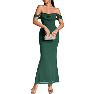 KUTUMAI Off The Shoulder Maxi Long Dress Corset Ruched Bodycon Cocktail Formal Wedding Guest Dresses for Women XL