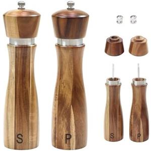 8-Inch Acacia Wood Salt and Pepper Grinders with Adjustable Ceramic Mechanism,Refillable Mills for Fine or Coarse Spices Pack of 2