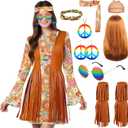 60s 70s Hippie Dress Costumes-Peace Sign Necklace Earrings Wig Fringe Boot Covers Sunglass Headband-1970s Outfits,Small, Hippie